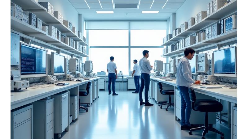 Intérieur moderne et éclairé du laboratoire de R&D de Cygnus Electronics, avec des équipements de test de pointe et des ingénieurs en pleine discussion