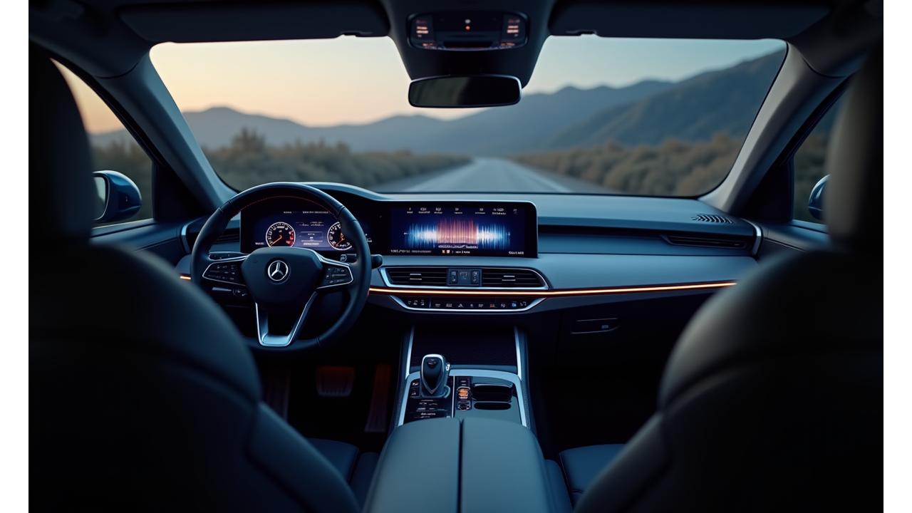 Cockpit de voiture moderne avec système audio intégré haut de gamme, affichant des visualisations sonores dynamiques et une interface utilisateur élégante. Performance acoustique de Cygnus Electronics.