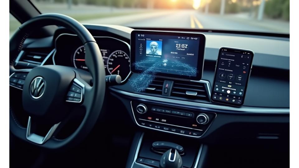 Écosystème d'appareils connectés (smartphone, tablette, montre intelligente) au tableau de bord d'une voiture, illustrant la connectivité Bluetooth avancée et harmonieuse. Cygnus Electronics.
