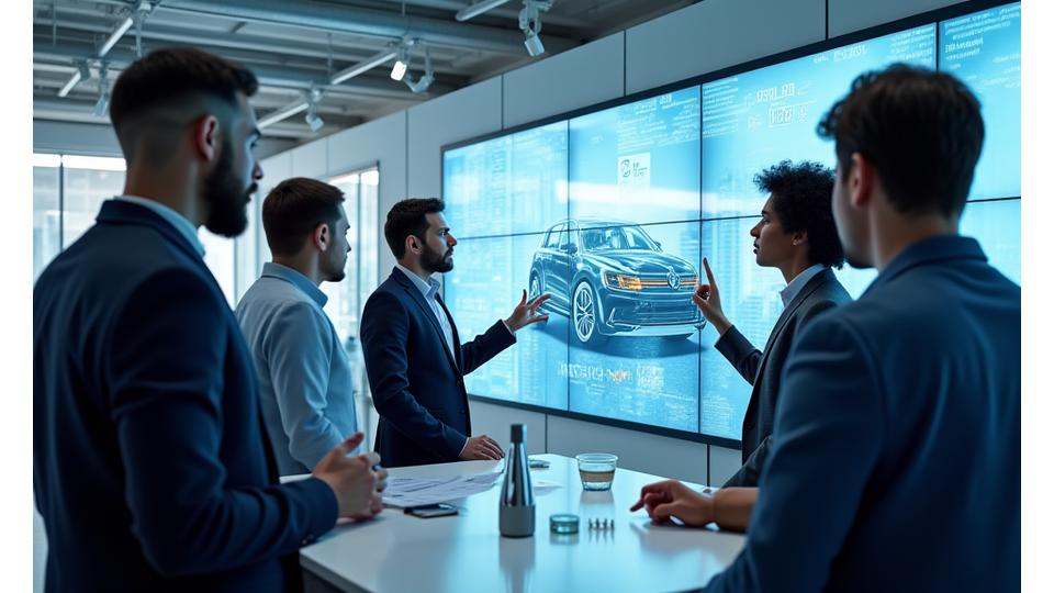Une équipe d'ingénieurs Cygnus Electronics collaborant avec des designers automobiles autour d'un prototype de tableau de bord, symbolisant le co-développement et le partenariat OEM innovant.