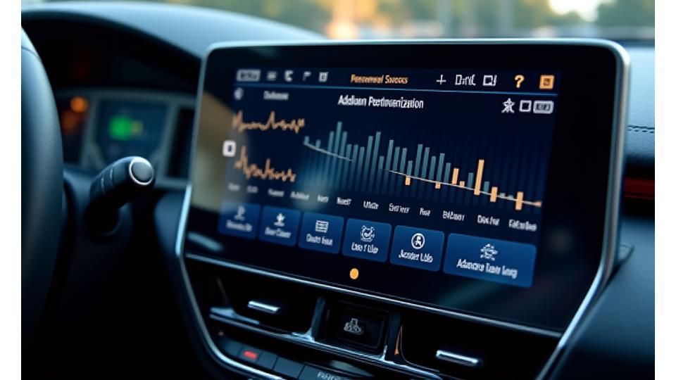 Interface utilisateur de système audio automobile montrant des options de personnalisation avancées, y compris un égaliseur graphique et des préréglages d'ambiance, sur un écran tactile élégant. Personnalisation Cygnus.