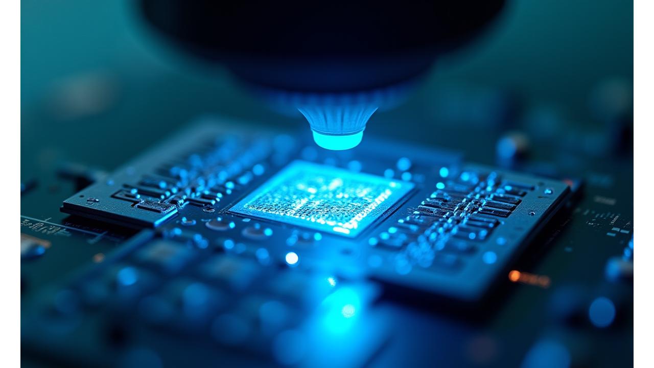 Image d'un micro-composant électronique visible sous un microscope de haute précision, avec des pistes de cuivre complexes et une lumière technique