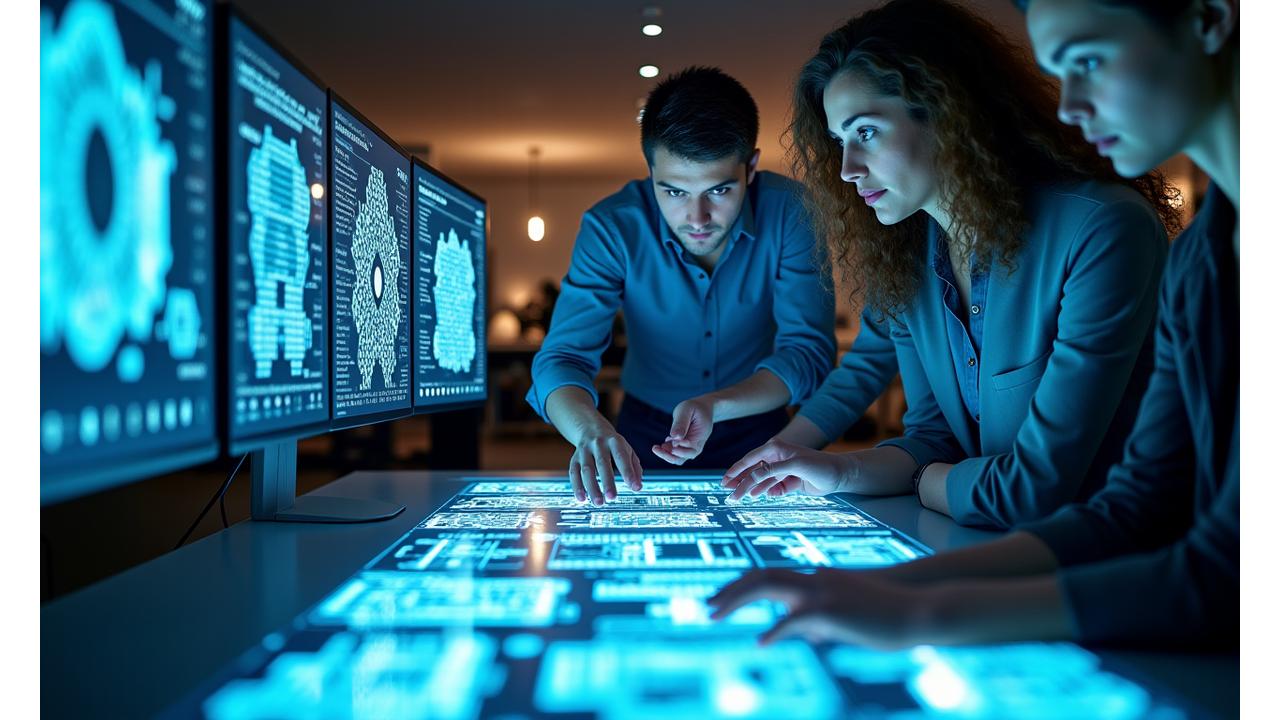Une équipe d'ingénieurs travaillant sur des plans de conception de circuits intégrés, avec des outils de CAO et des cartes prototypes sur la table