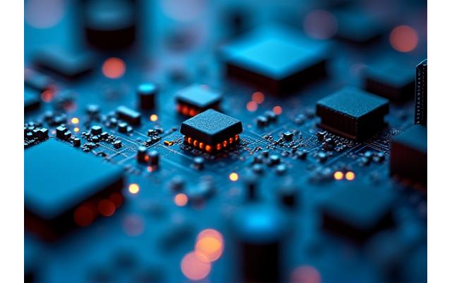 Vue rapprochée d'une carte électronique complexe avec des composants lumineux, symbolisant l'innovation et la connectivité.