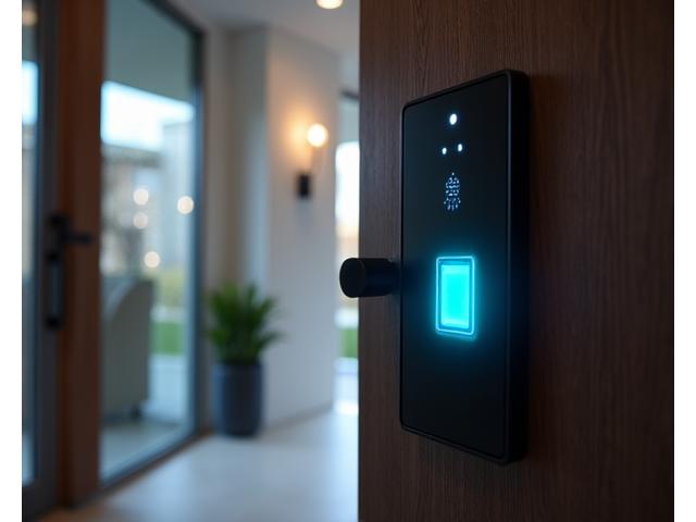 Digicode biométrique stylisé et discret à l'entrée d'une maison moderne, illustrant un contrôle d'accès sécurisé et avancé.