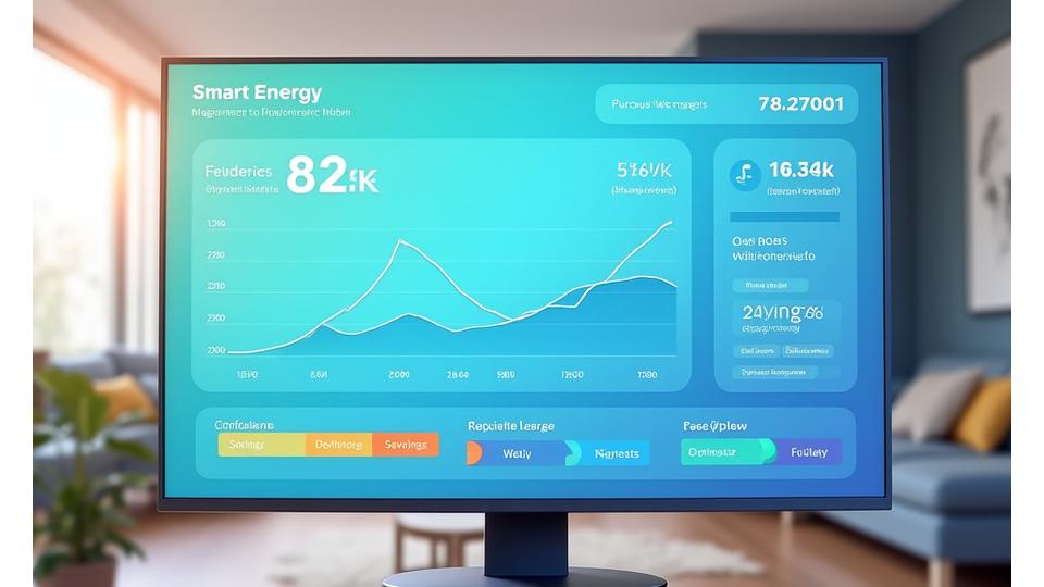 Tableau de bord numérique affichant des graphiques de consommation d'énergie en temps réel, avec des indicateurs de réduction des coûts et d'optimisation automatique.