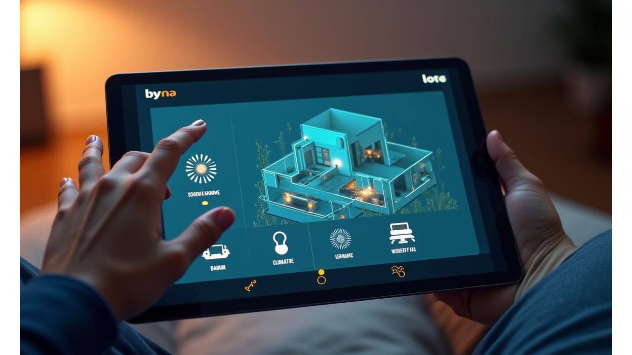 Interface de contrôle domotique Cygnus Electronics affichée sur une tablette, montrant un plan de maison interactif avec des icônes pour l'éclairage, le chauffage et la sécurité.