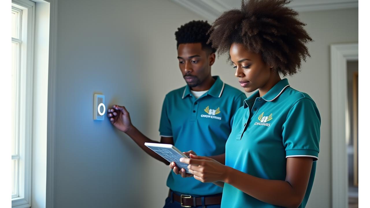 Des techniciens Cygnus Electronics installant discrètement des capteurs domotiques dans une maison moderne, sans perturbation visible, symbolisant une installation rapide et propre.
