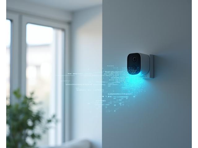 Caméra de vidéosurveillance moderne intégrée discrètement dans un environnement domestique, avec une surcouche numérique représentant l'analyse par IA.