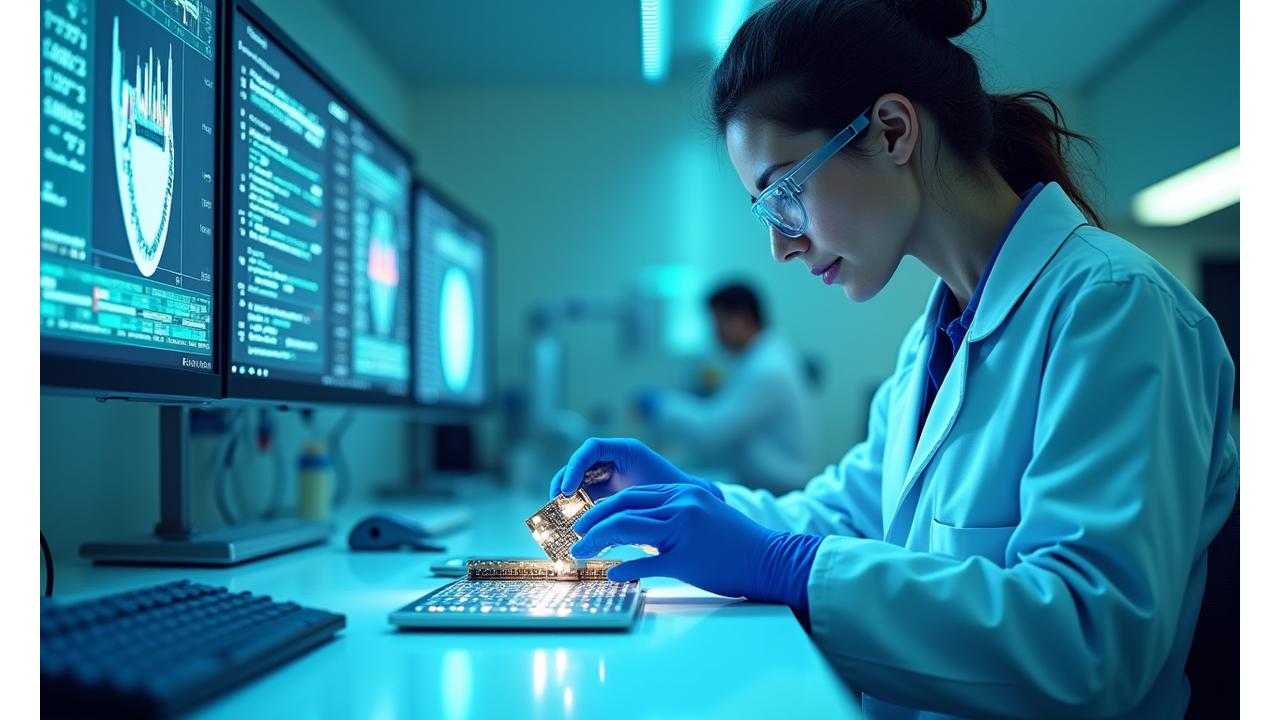 Technicien inspectant une carte électronique de haute précision dans un laboratoire médical stérile avec des écrans affichant des données.