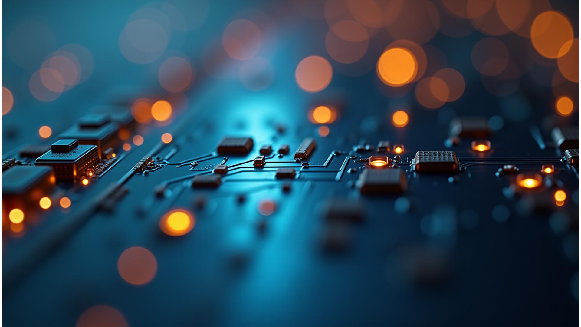 Vue rapprochée de circuits imprimés complexes et de composants électroniques modernes, symbolisant l'innovation et la précision de Cygnus Electronics au cœur de Paris.