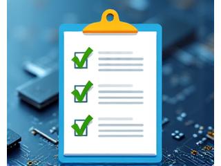 Checklist avec coches vertes sur fond de carte électronique, indiquant la conformité CE.