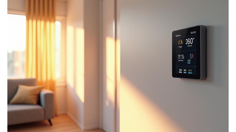 Intérieur de maison moderne avec systèmes domotiques intégrés, contrôlés via un écran tactile.