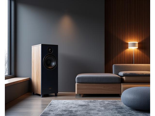Enceintes hi-fi élégantes dans un salon moderne, symbolisant une qualité sonore premium.