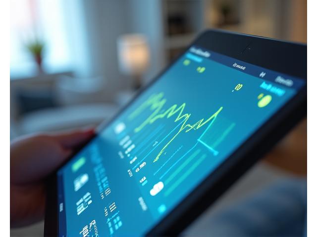 Interface de contrôle domotique sur tablette affichant des économies d'énergie.