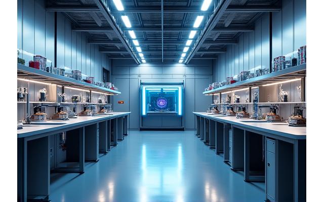 Vue d'un laboratoire moderne avec plusieurs machines de prototypage, incluant une imprimante 3D et des outils de mesure de précision.